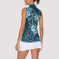 Polynesian Hibiscus Tropical Blue Floral Women Sleeveless Polo Shirt Tribal Pattern - Polynesian Pride
