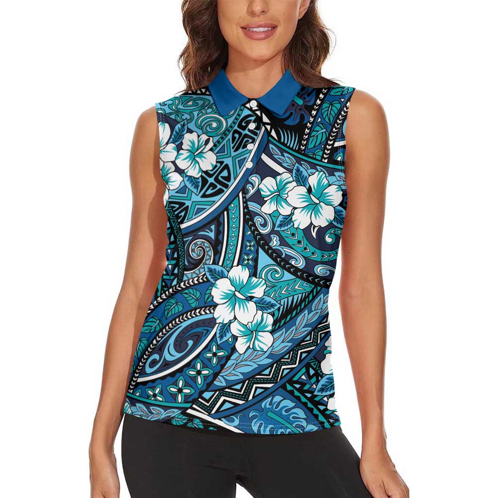 Polynesian Hibiscus Tropical Blue Floral Women Sleeveless Polo Shirt Tribal Pattern - Polynesian Pride