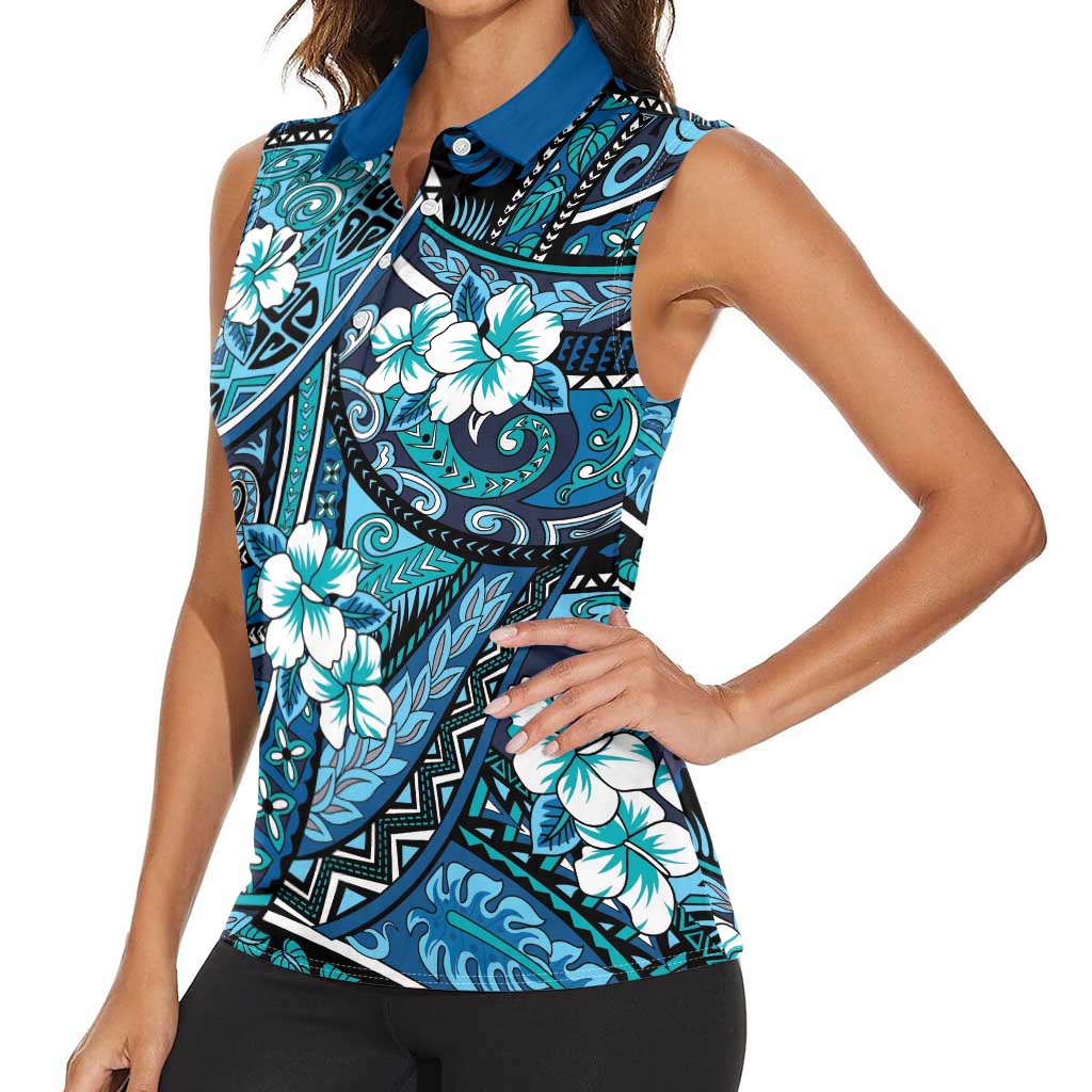 Polynesian Hibiscus Tropical Blue Floral Women Sleeveless Polo Shirt Tribal Pattern - Polynesian Pride
