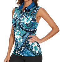 Polynesian Hibiscus Tropical Blue Floral Women Sleeveless Polo Shirt Tribal Pattern - Polynesian Pride