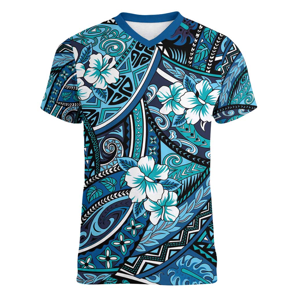 Polynesian Hibiscus Tropical Blue Floral Women V-Neck T-Shirt Tribal Pattern - Polynesian Pride