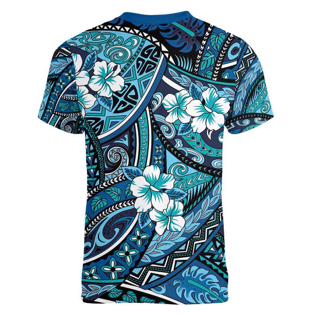 Polynesian Hibiscus Tropical Blue Floral Women V-Neck T-Shirt Tribal Pattern - Polynesian Pride