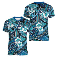 Polynesian Hibiscus Tropical Blue Floral Women V-Neck T-Shirt Tribal Pattern - Polynesian Pride