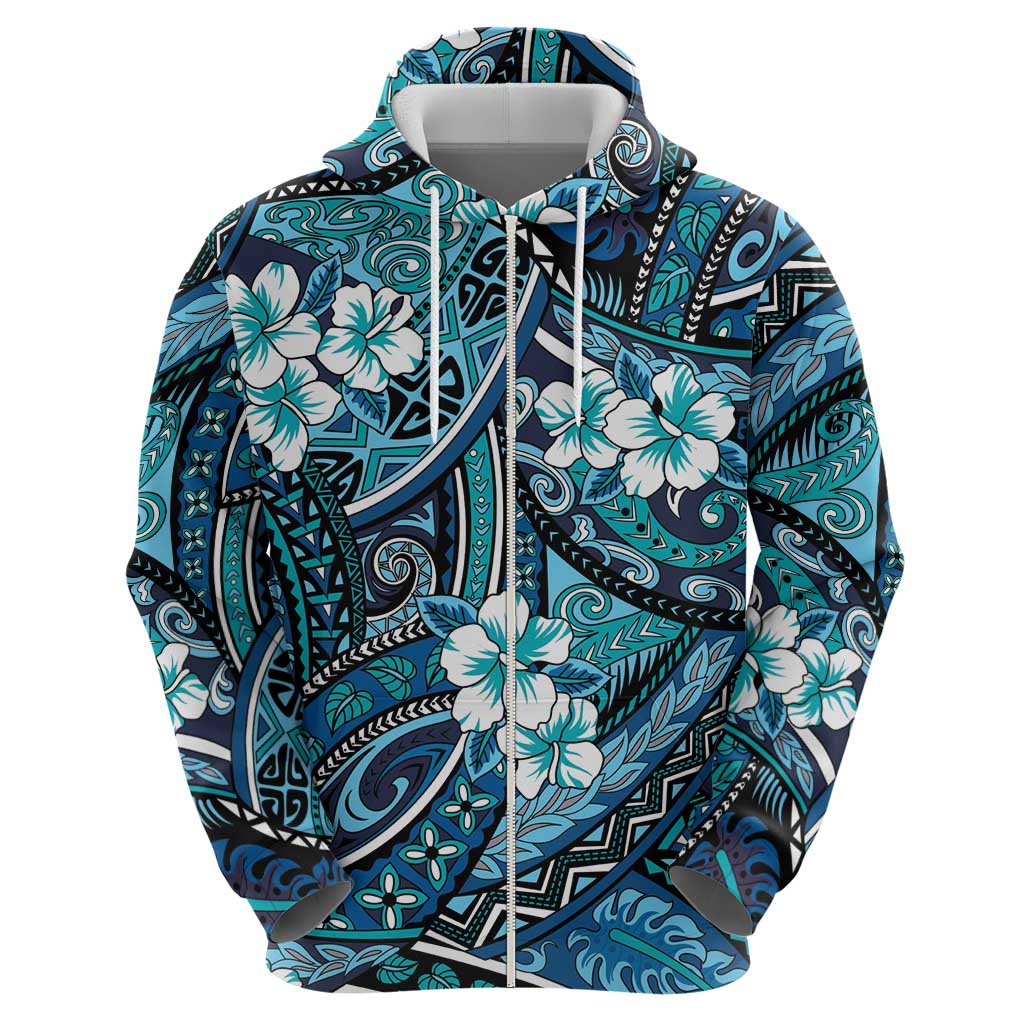 Polynesian Hibiscus Tropical Blue Floral Zip Hoodie Tribal Pattern - Polynesian Pride