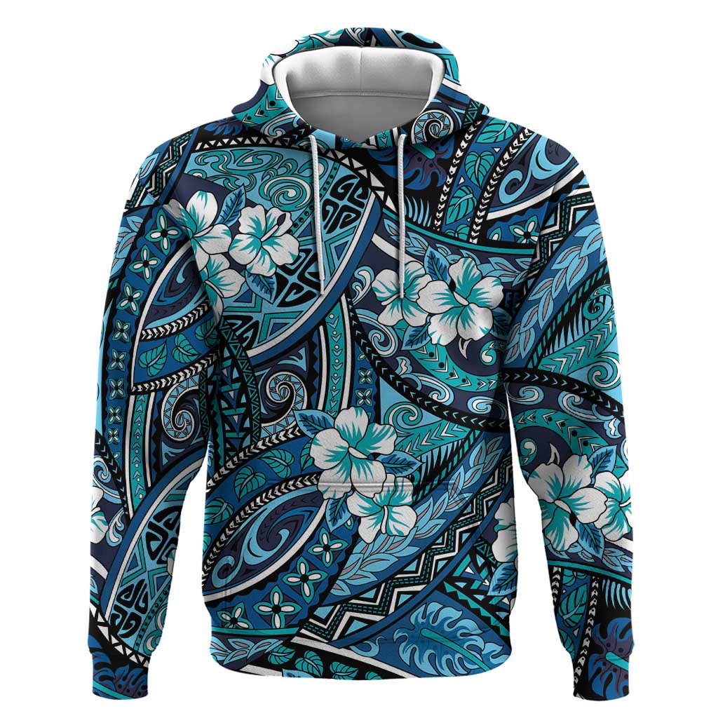 Polynesian Hibiscus Tropical Blue Floral Zip Hoodie Tribal Pattern - Polynesian Pride