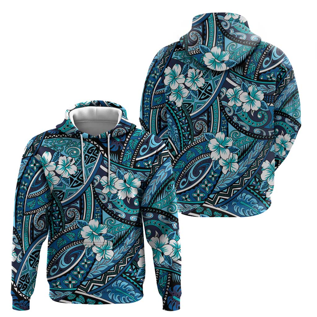 Polynesian Hibiscus Tropical Blue Floral Zip Hoodie Tribal Pattern - Polynesian Pride