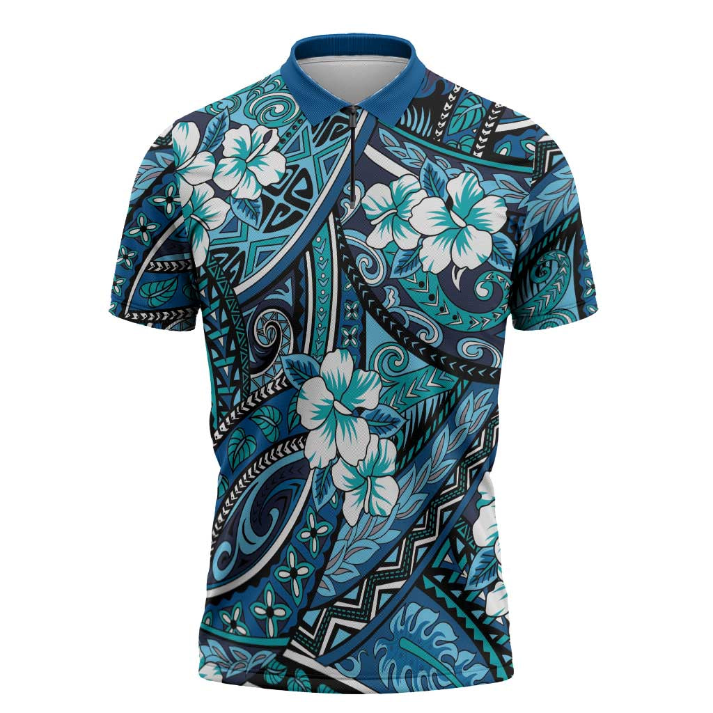 Polynesian Hibiscus Tropical Blue Floral Zipper Polo Shirt Tribal Pattern - Polynesian Pride