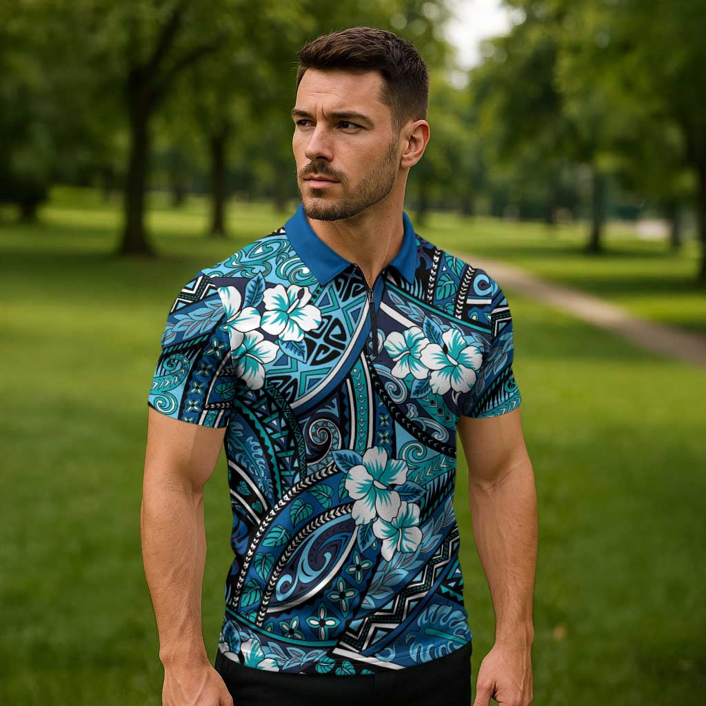 Polynesian Hibiscus Tropical Blue Floral Zipper Polo Shirt Tribal Pattern - Polynesian Pride