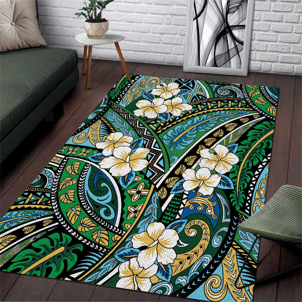 Polynesian Hibiscus Tropical Green Floral Area Rug Tribal Pattern - Polynesian Pride