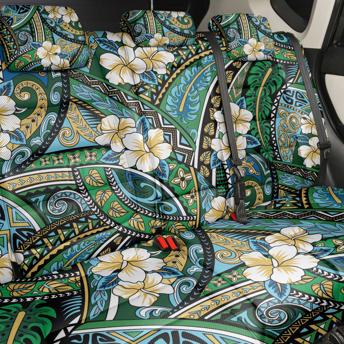 Polynesian Hibiscus Tropical Green Floral Back Car Seat Cover Tribal Pattern - Polynesian Pride