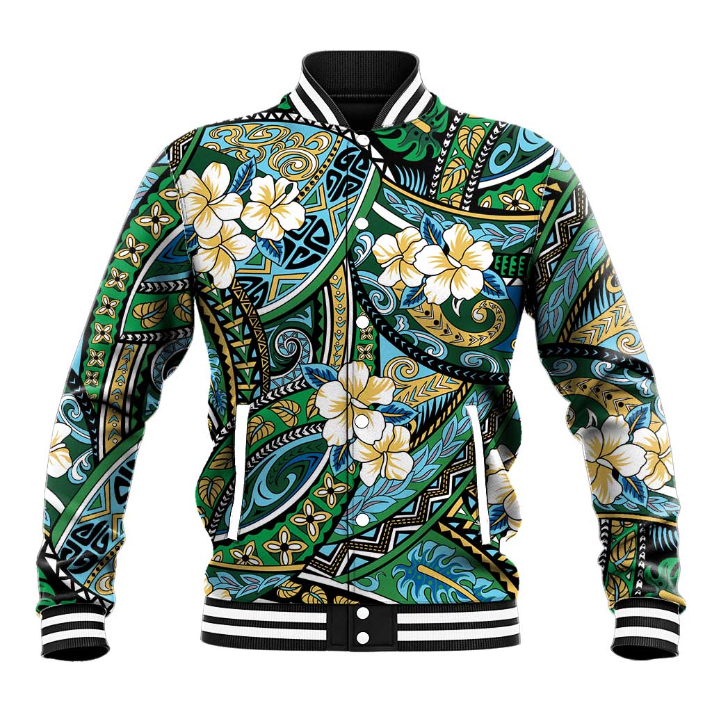 Polynesian Hibiscus Tropical Green Floral Baseball Jacket Tribal Pattern - Polynesian Pride