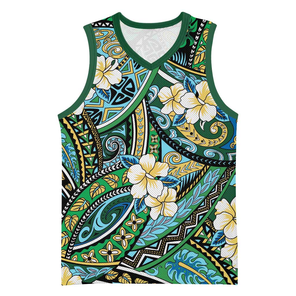 Polynesian Hibiscus Tropical Green Floral Basketball Jersey Tribal Pattern - Polynesian Pride