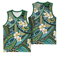 Polynesian Hibiscus Tropical Green Floral Basketball Jersey Tribal Pattern - Polynesian Pride