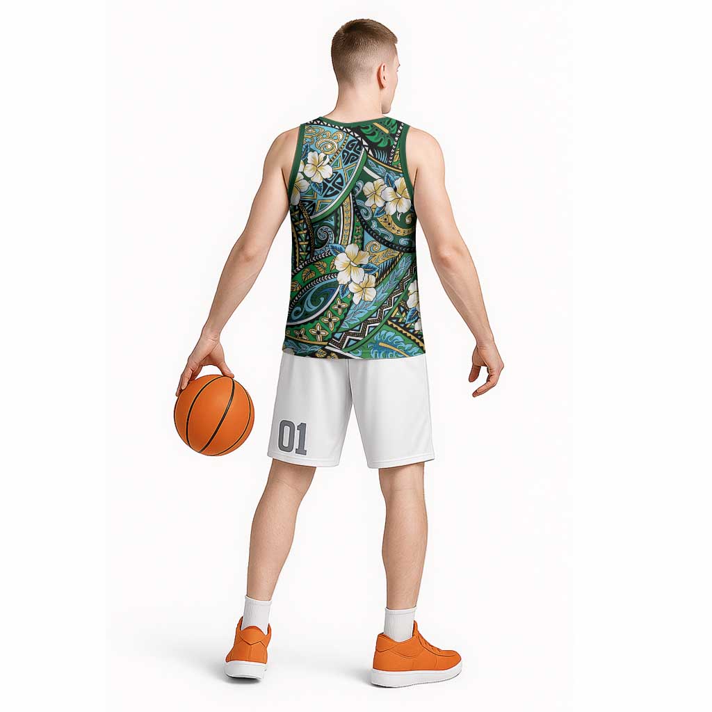 Polynesian Hibiscus Tropical Green Floral Basketball Jersey Tribal Pattern - Polynesian Pride