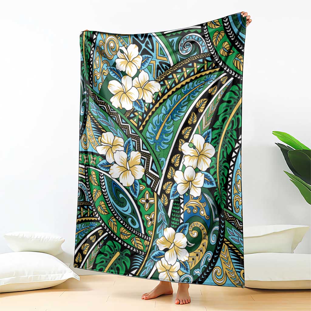 Polynesian Hibiscus Tropical Green Floral Blanket Tribal Pattern - Polynesian Pride