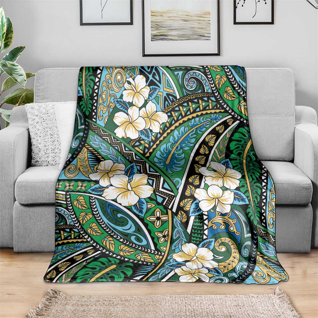 Polynesian Hibiscus Tropical Green Floral Blanket Tribal Pattern - Polynesian Pride