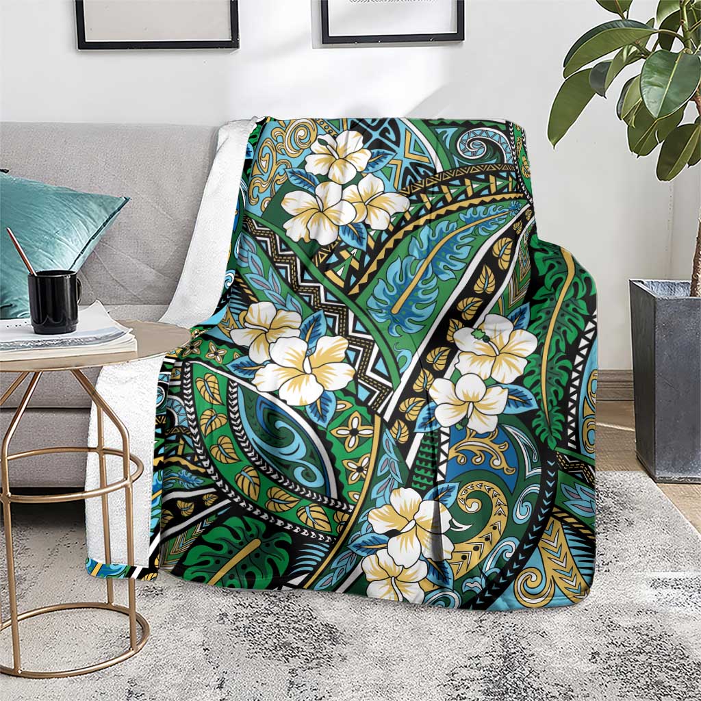 Polynesian Hibiscus Tropical Green Floral Blanket Tribal Pattern - Polynesian Pride