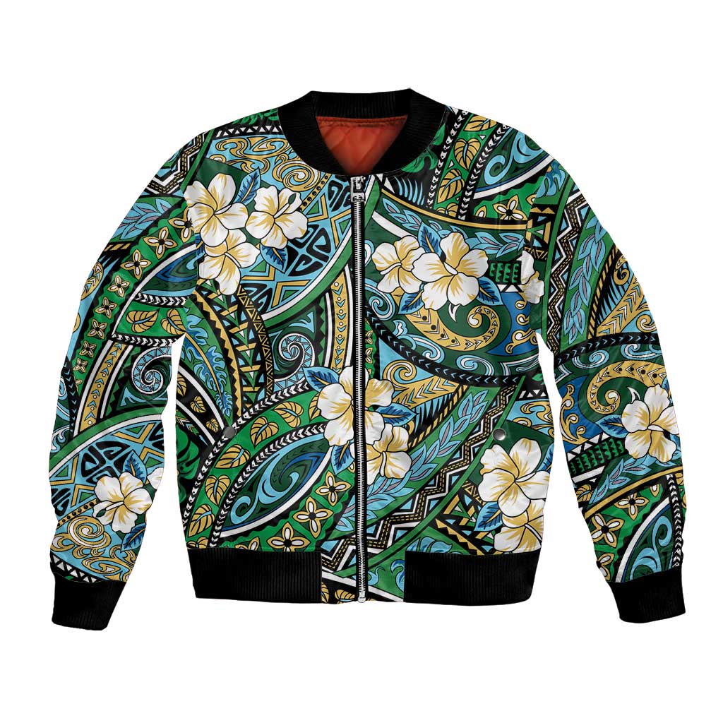 Polynesian Hibiscus Tropical Green Floral Bomber Jacket Tribal Pattern - Polynesian Pride