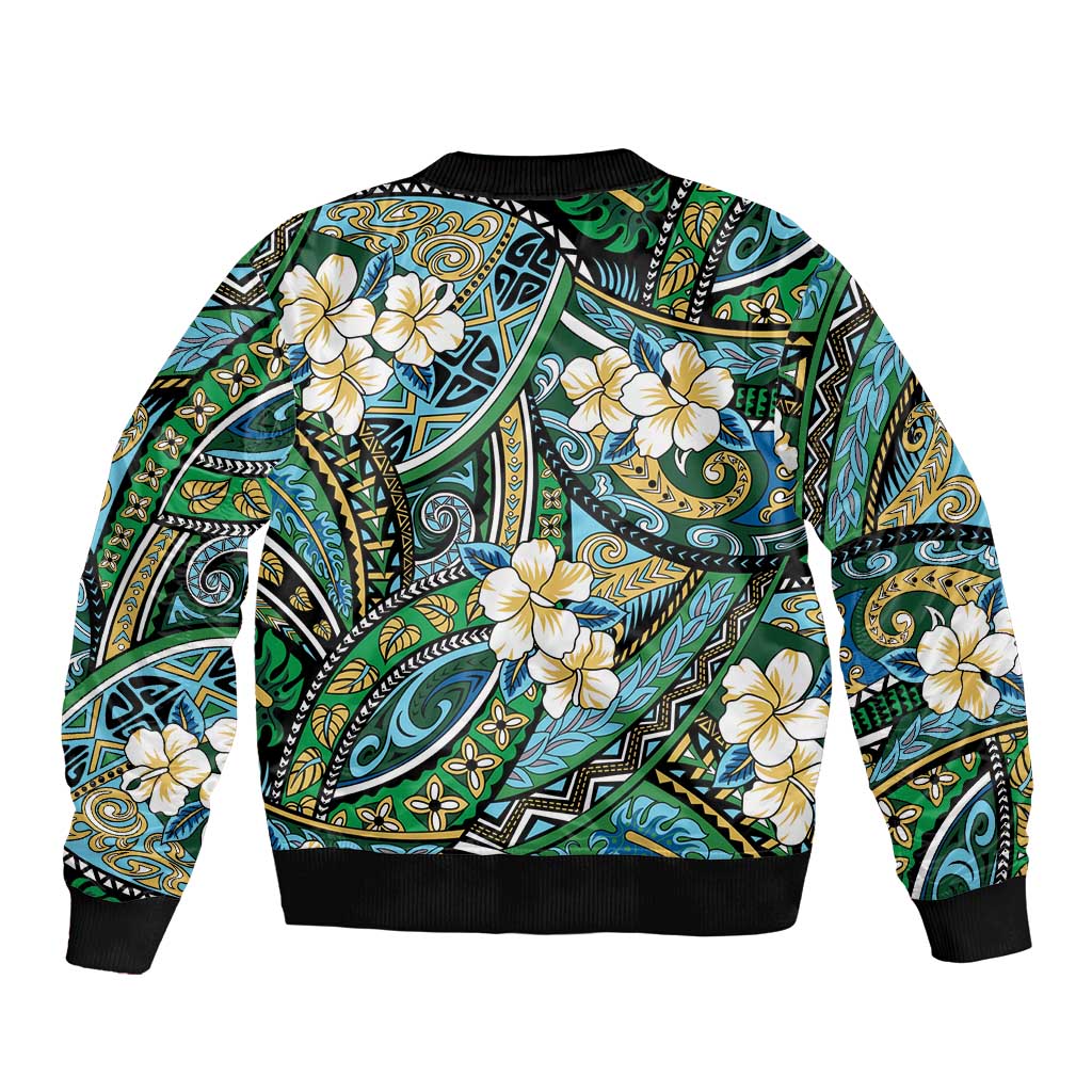 Polynesian Hibiscus Tropical Green Floral Bomber Jacket Tribal Pattern - Polynesian Pride