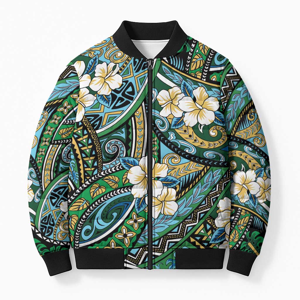 Polynesian Hibiscus Tropical Green Floral Bomber Puffer Jacket Tribal Pattern - Polynesian Pride