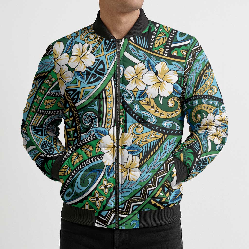Polynesian Hibiscus Tropical Green Floral Bomber Puffer Jacket Tribal Pattern - Polynesian Pride