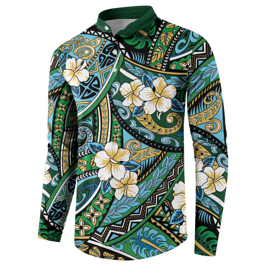 Polynesian Hibiscus Tropical Green Floral Button Sweatshirt Tribal Pattern - Polynesian Pride