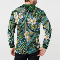 Polynesian Hibiscus Tropical Green Floral Button Sweatshirt Tribal Pattern - Polynesian Pride