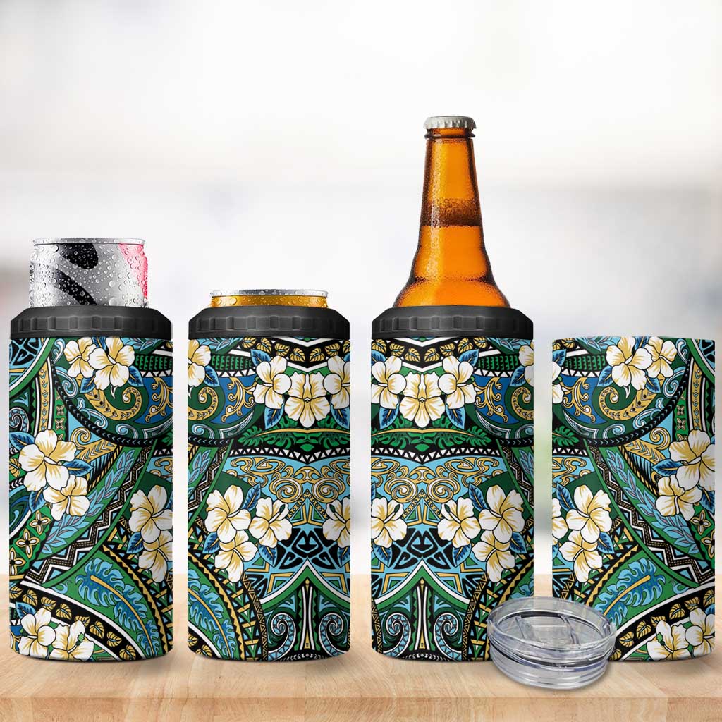Polynesian Hibiscus Tropical Green Floral 4 in 1 Can Cooler Tumbler Tribal Pattern - Polynesian Pride
