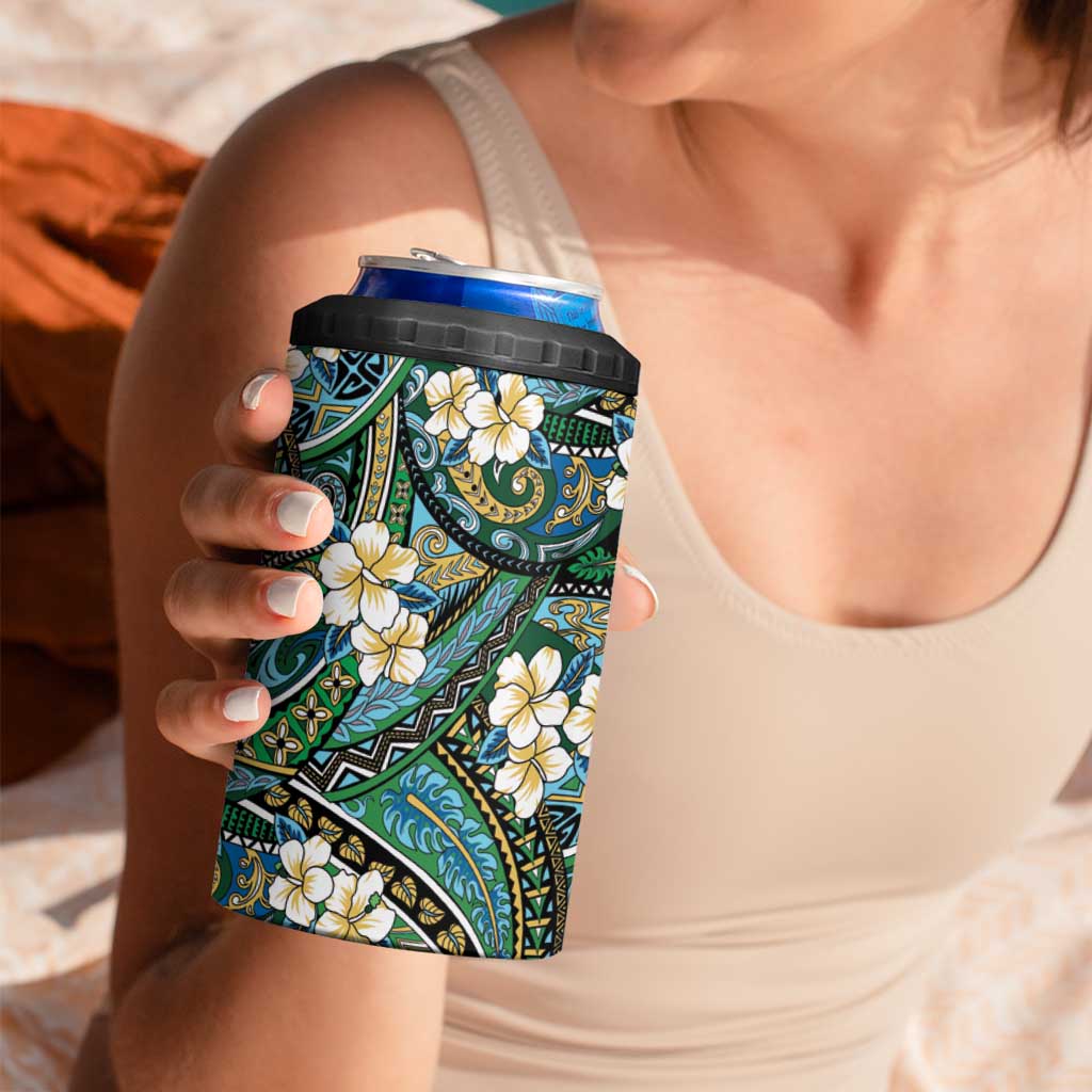 Polynesian Hibiscus Tropical Green Floral 4 in 1 Can Cooler Tumbler Tribal Pattern - Polynesian Pride