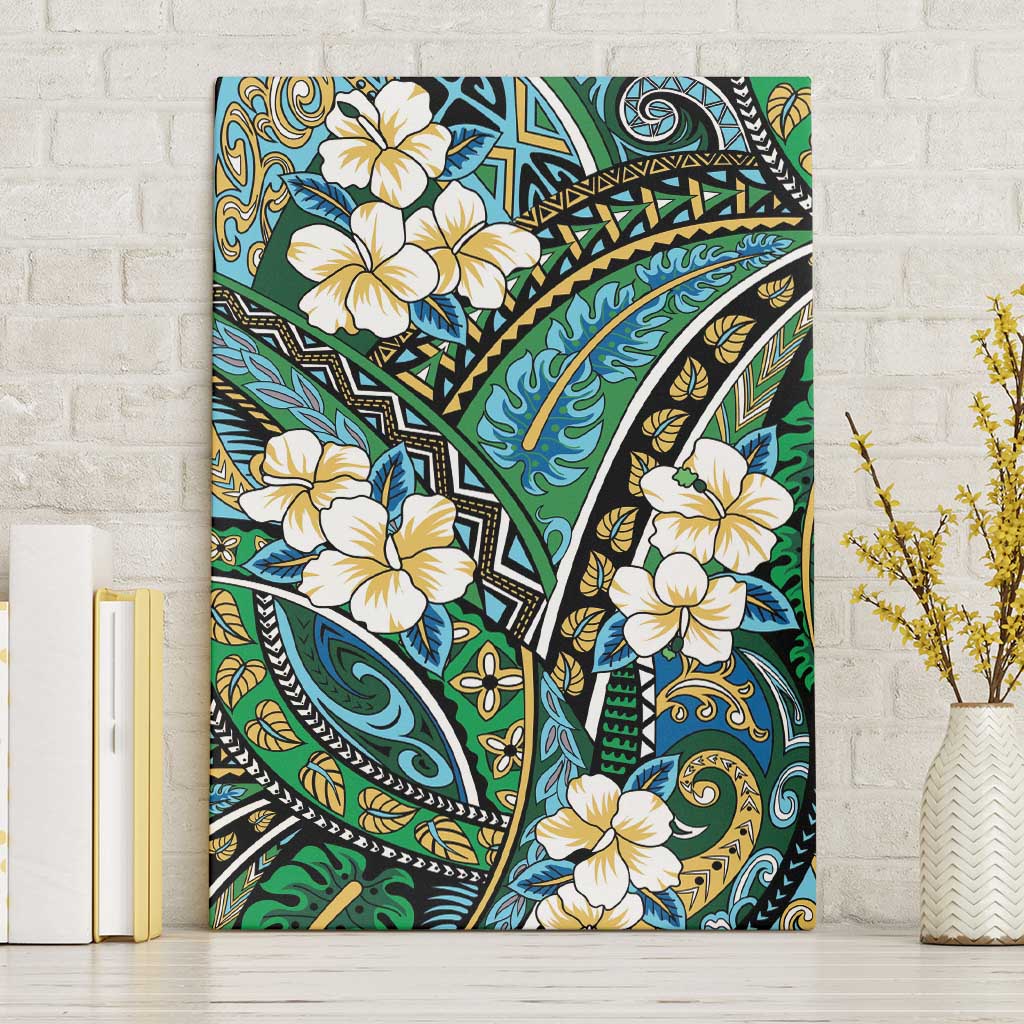 Polynesian Hibiscus Tropical Green Floral Canvas Wall Art Tribal Pattern - Polynesian Pride