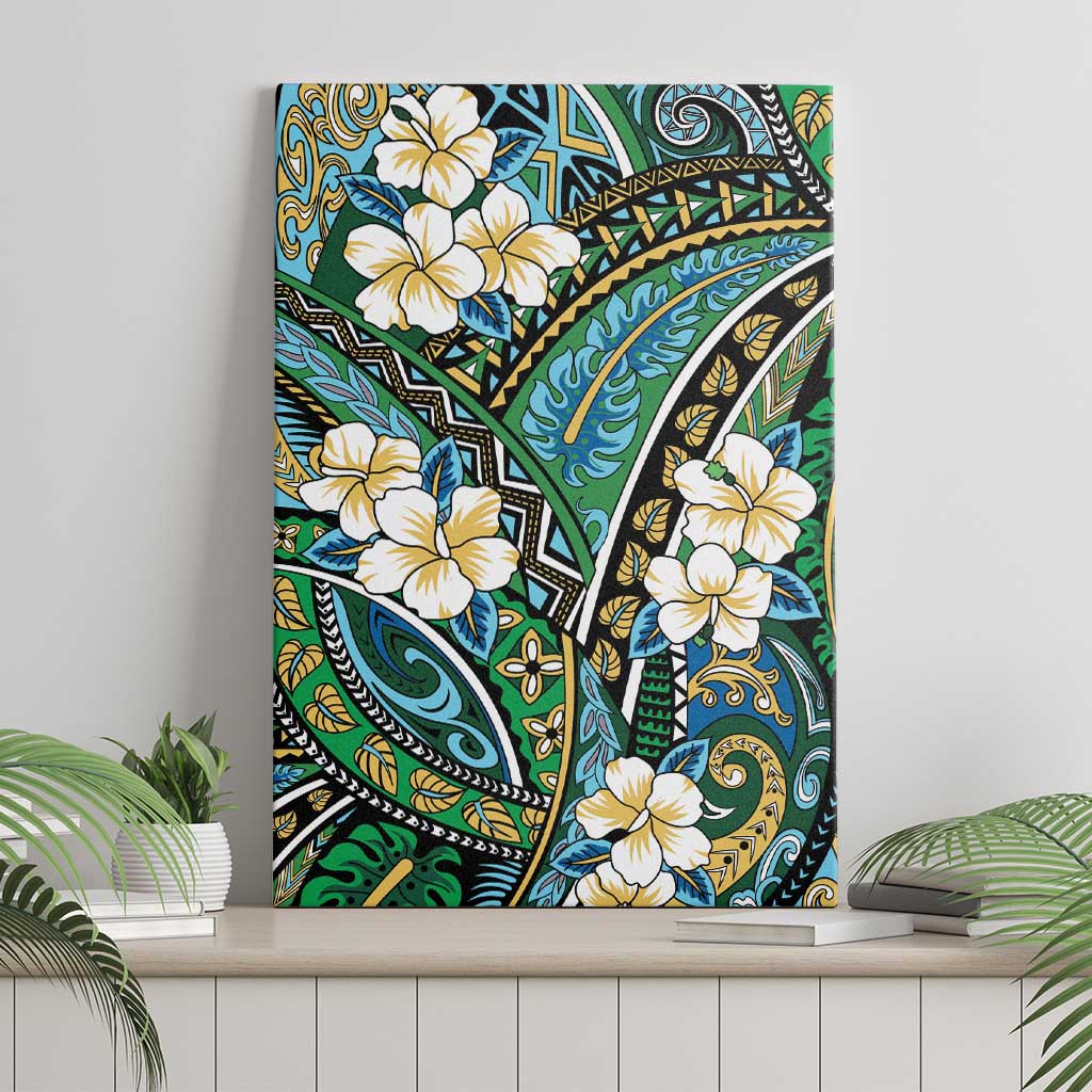 Polynesian Hibiscus Tropical Green Floral Canvas Wall Art Tribal Pattern - Polynesian Pride