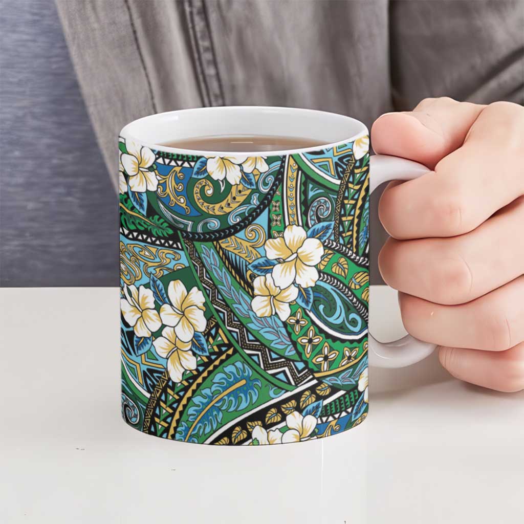 Polynesian Hibiscus Tropical Green Floral Ceramic Mug Tribal Pattern - Polynesian Pride