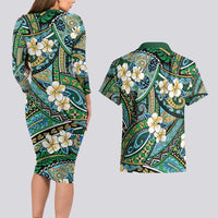 Polynesian Hibiscus Tropical Green Floral Couples Matching Long Sleeve Bodycon Dress and Hawaiian Shirt Tribal Pattern - Polynesian Pride