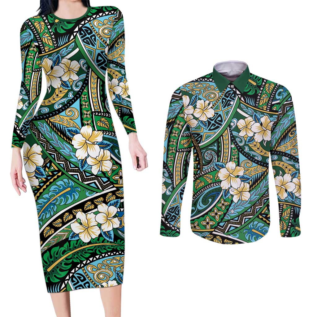 Polynesian Hibiscus Tropical Green Floral Couples Matching Long Sleeve Bodycon Dress and Long Sleeve Button Shirt Tribal Pattern - Polynesian Pride