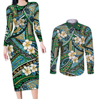 Polynesian Hibiscus Tropical Green Floral Couples Matching Long Sleeve Bodycon Dress and Long Sleeve Button Shirt Tribal Pattern - Polynesian Pride