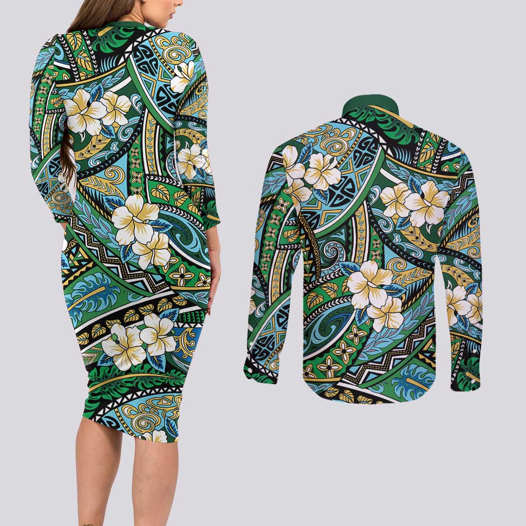 Polynesian Hibiscus Tropical Green Floral Couples Matching Long Sleeve Bodycon Dress and Long Sleeve Button Shirt Tribal Pattern - Polynesian Pride