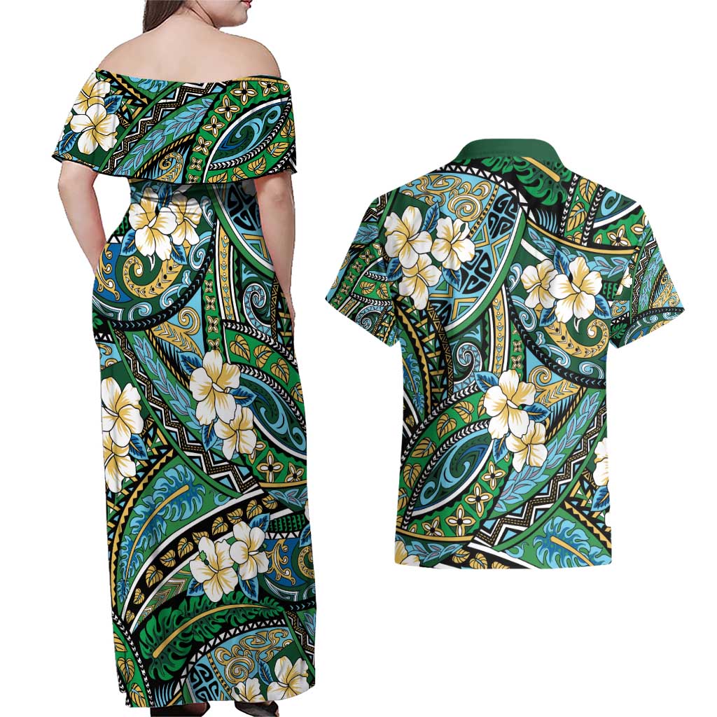 Polynesian Hibiscus Tropical Green Floral Couples Matching Off Shoulder Maxi Dress and Hawaiian Shirt Tribal Pattern - Polynesian Pride