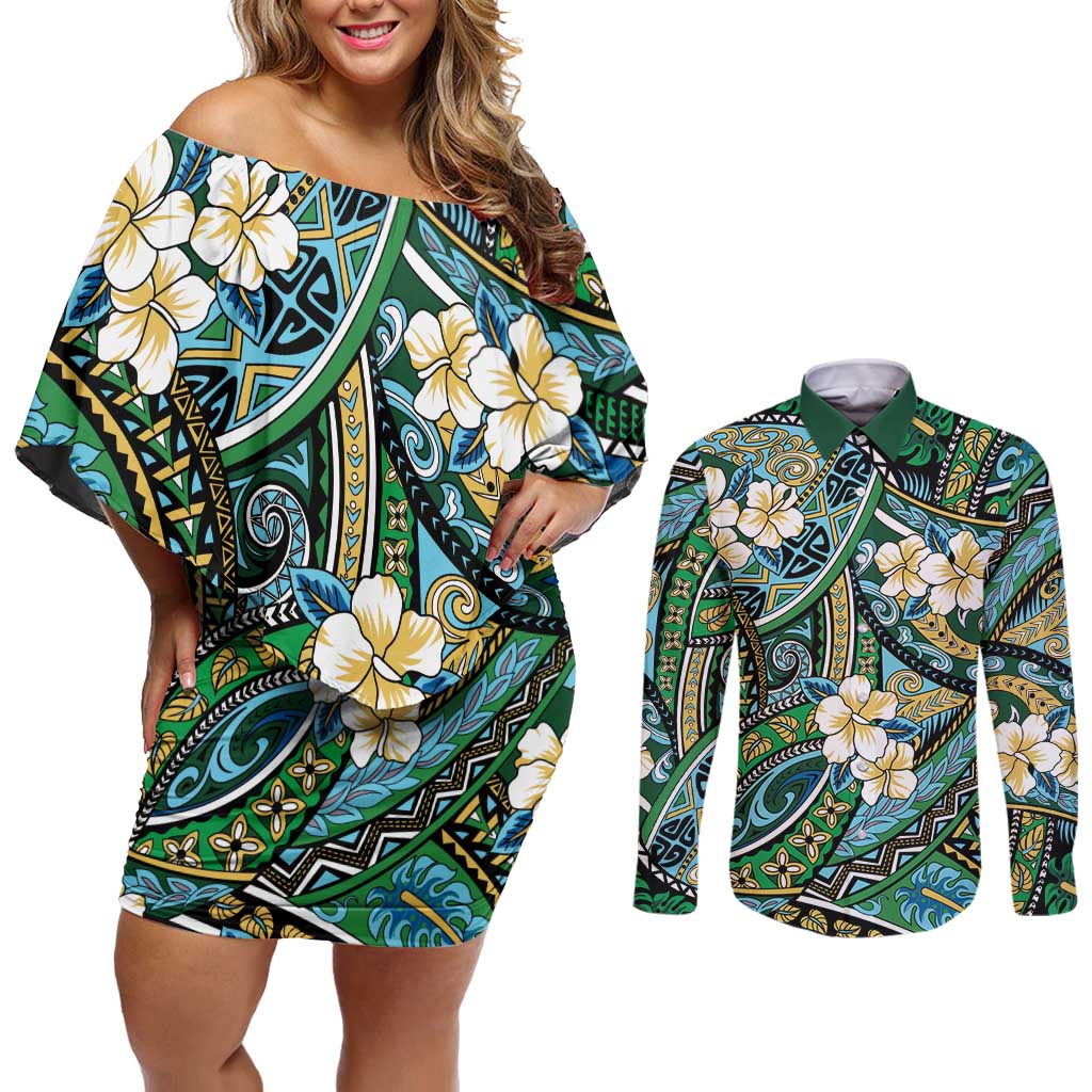 Polynesian Hibiscus Tropical Green Floral Couples Matching Off Shoulder Short Dress and Long Sleeve Button Shirt Tribal Pattern - Polynesian Pride