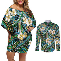 Polynesian Hibiscus Tropical Green Floral Couples Matching Off Shoulder Short Dress and Long Sleeve Button Shirt Tribal Pattern - Polynesian Pride