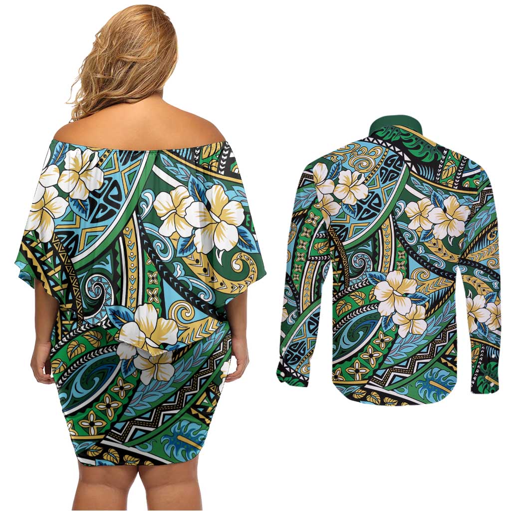 Polynesian Hibiscus Tropical Green Floral Couples Matching Off Shoulder Short Dress and Long Sleeve Button Shirt Tribal Pattern - Polynesian Pride