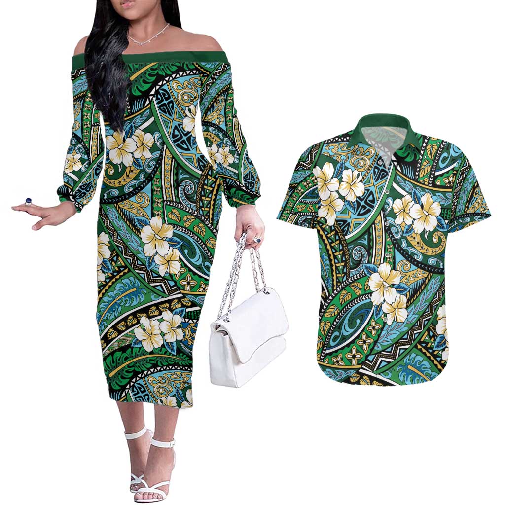 Polynesian Hibiscus Tropical Green Floral Couples Matching Off The Shoulder Long Sleeve Dress and Hawaiian Shirt Tribal Pattern - Polynesian Pride