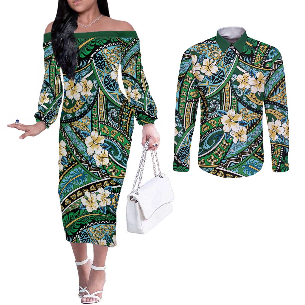 Polynesian Hibiscus Tropical Green Floral Couples Matching Off The Shoulder Long Sleeve Dress and Long Sleeve Button Shirt Tribal Pattern - Polynesian Pride
