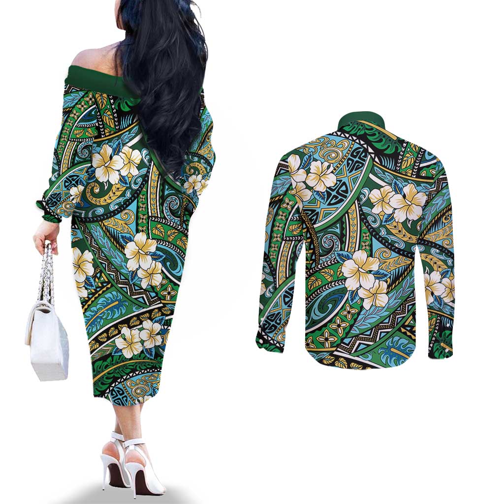 Polynesian Hibiscus Tropical Green Floral Couples Matching Off The Shoulder Long Sleeve Dress and Long Sleeve Button Shirt Tribal Pattern - Polynesian Pride