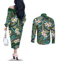 Polynesian Hibiscus Tropical Green Floral Couples Matching Off The Shoulder Long Sleeve Dress and Long Sleeve Button Shirt Tribal Pattern - Polynesian Pride