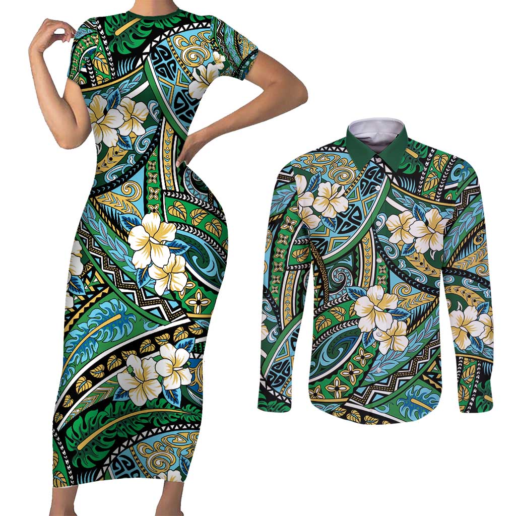 Polynesian Hibiscus Tropical Green Floral Couples Matching Short Sleeve Bodycon Dress and Long Sleeve Button Shirt Tribal Pattern - Polynesian Pride