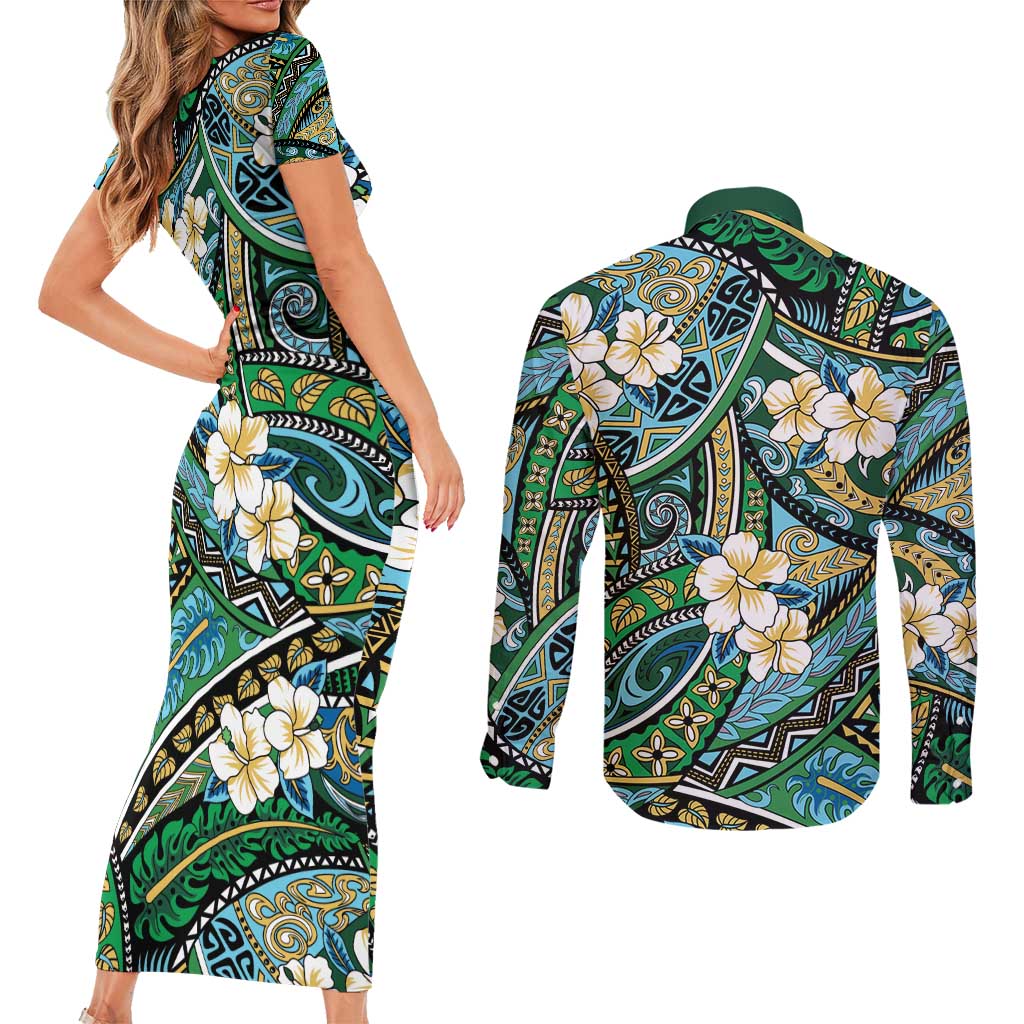Polynesian Hibiscus Tropical Green Floral Couples Matching Short Sleeve Bodycon Dress and Long Sleeve Button Shirt Tribal Pattern - Polynesian Pride