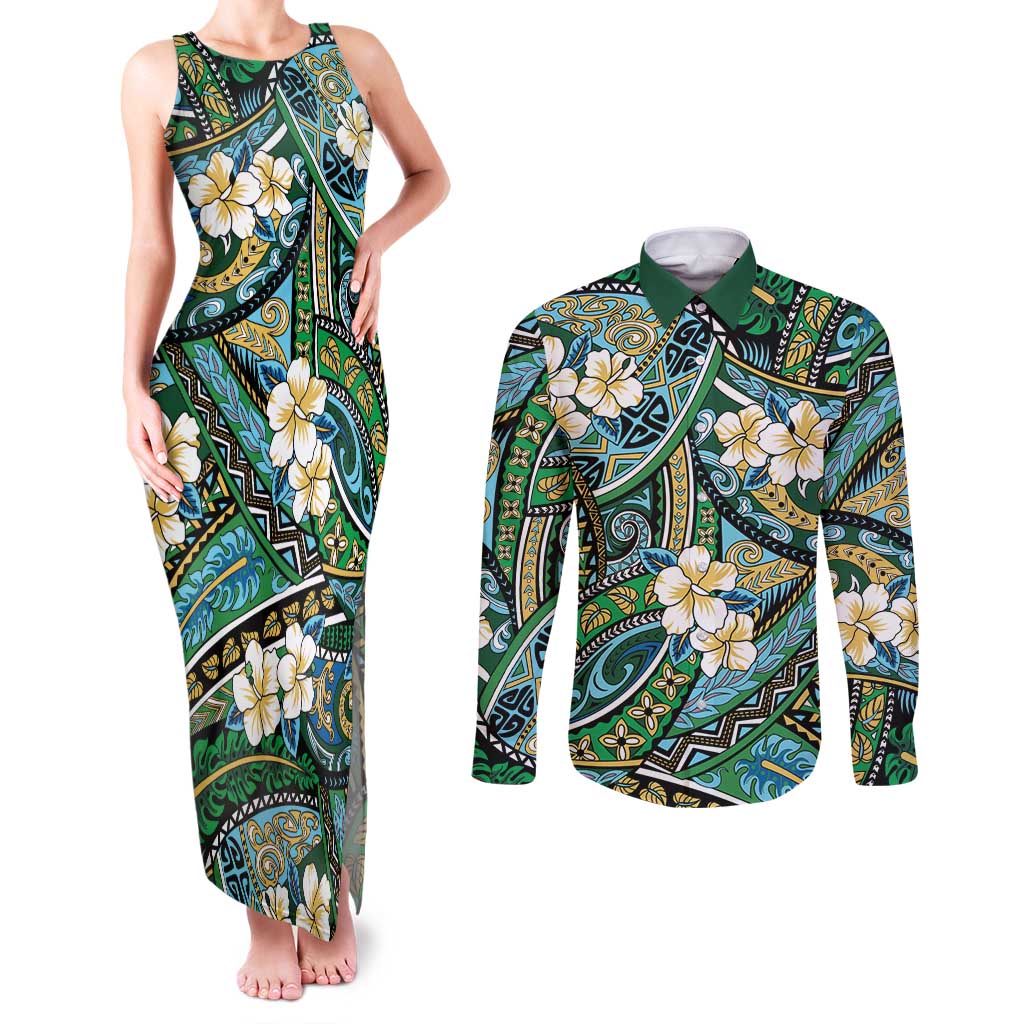 Polynesian Hibiscus Tropical Green Floral Couples Matching Tank Maxi Dress and Long Sleeve Button Shirt Tribal Pattern - Polynesian Pride