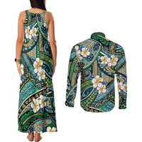 Polynesian Hibiscus Tropical Green Floral Couples Matching Tank Maxi Dress and Long Sleeve Button Shirt Tribal Pattern - Polynesian Pride