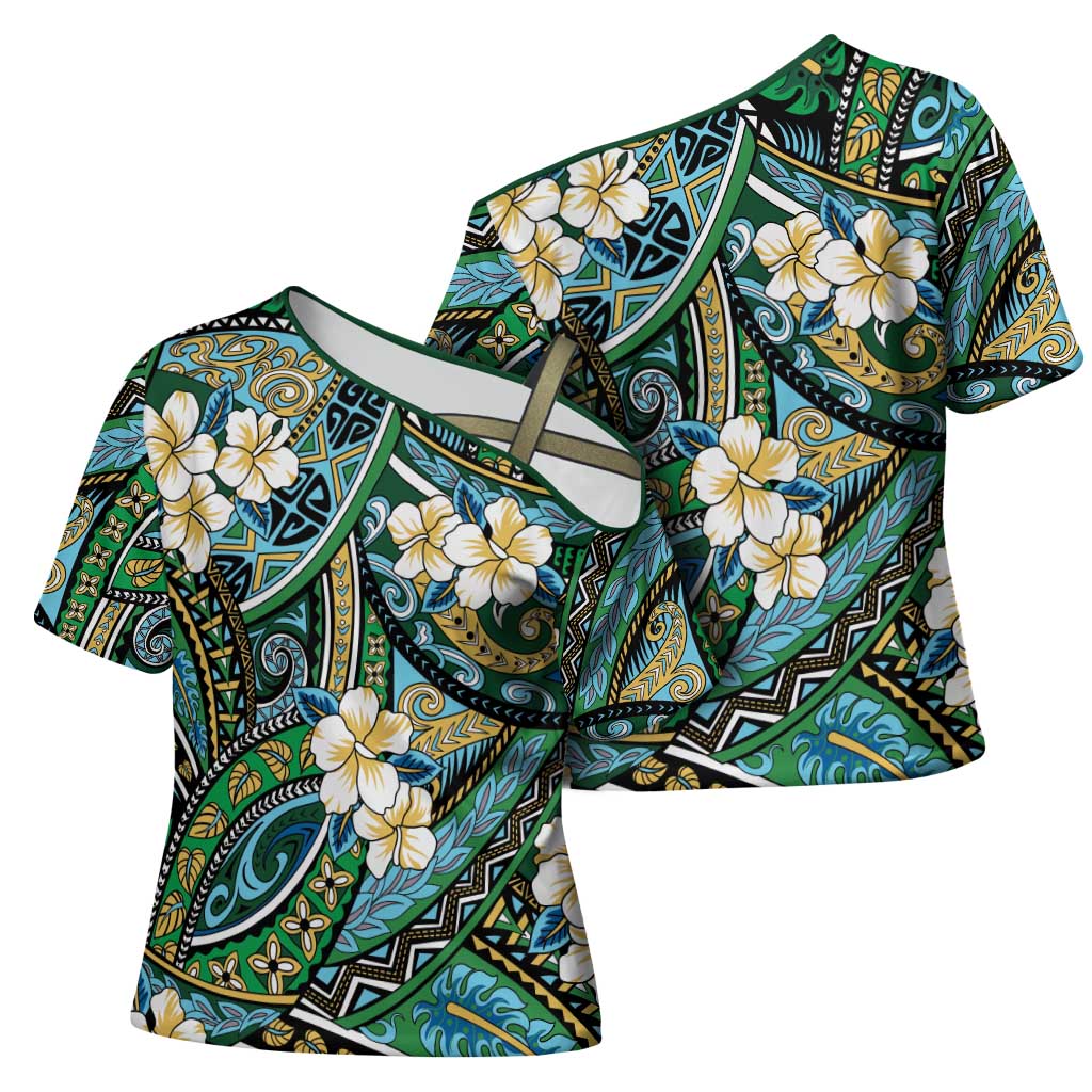 Polynesian Hibiscus Tropical Green Floral Cross Shoulder Shirt Tribal Pattern - Polynesian Pride