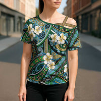Polynesian Hibiscus Tropical Green Floral Cross Shoulder Shirt Tribal Pattern - Polynesian Pride